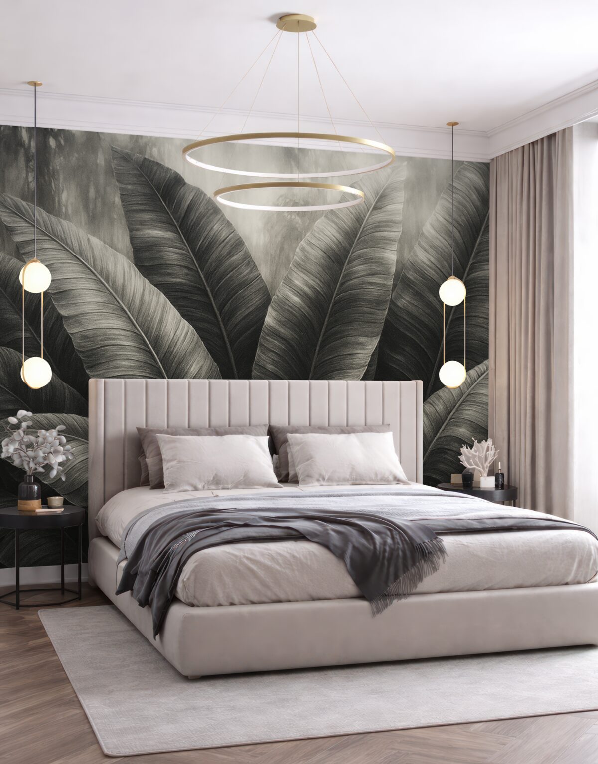 Fototapeta Jednokolorowe tropikalne liście bananowca na ciemnym tle.