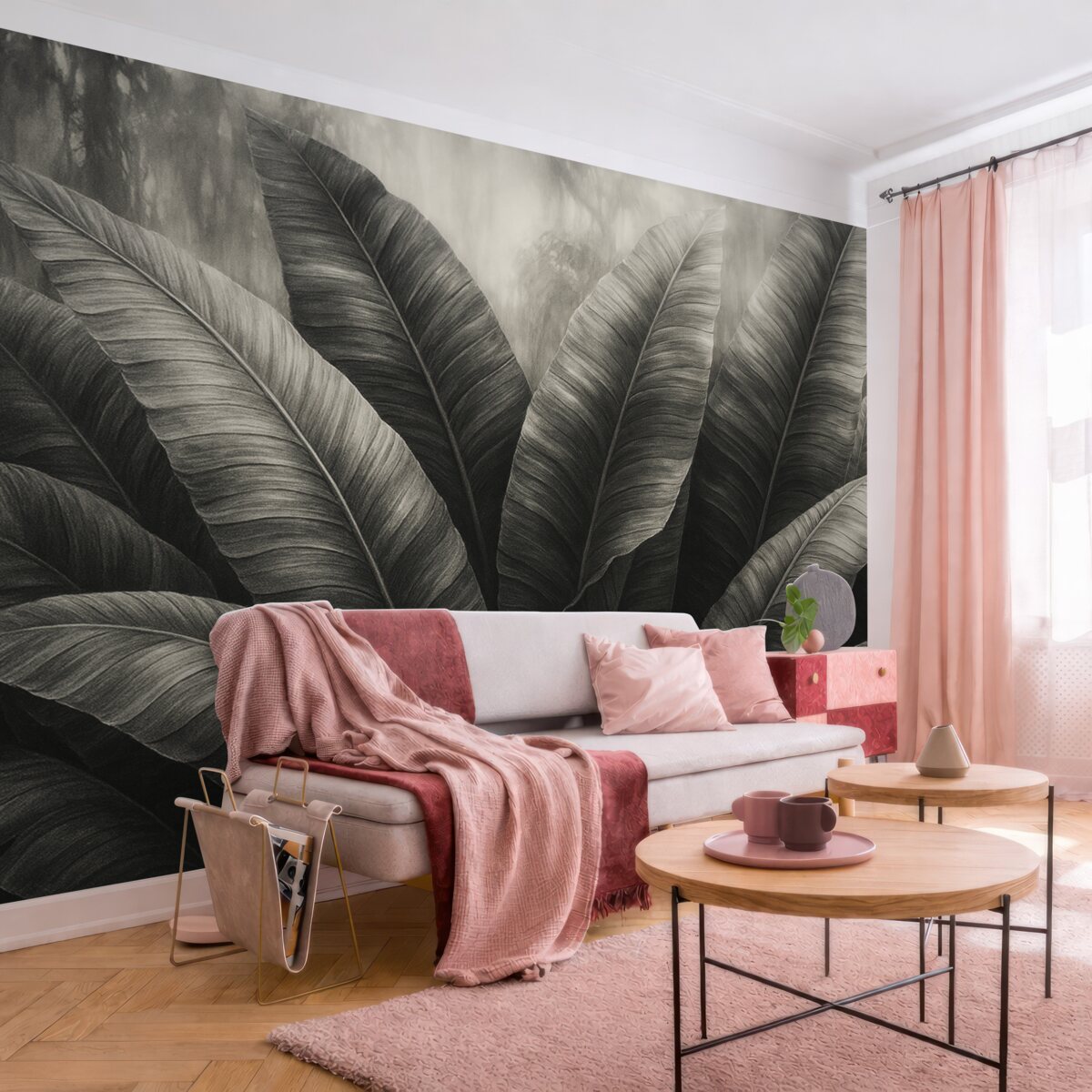 Fototapeta Jednokolorowe tropikalne liście bananowca na ciemnym tle.