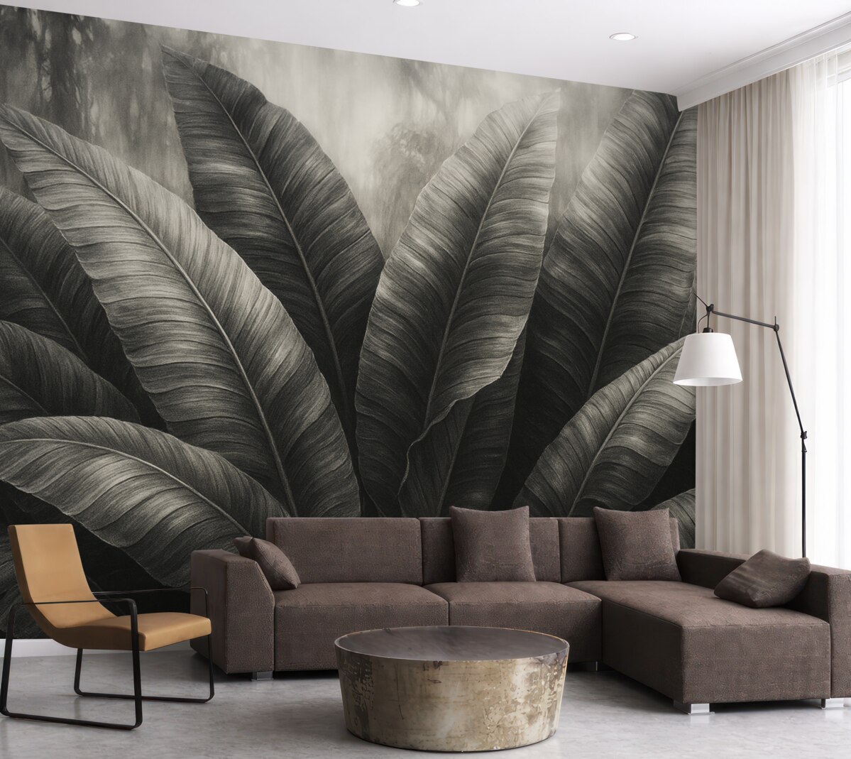Fototapeta Jednokolorowe tropikalne liście bananowca na ciemnym tle.