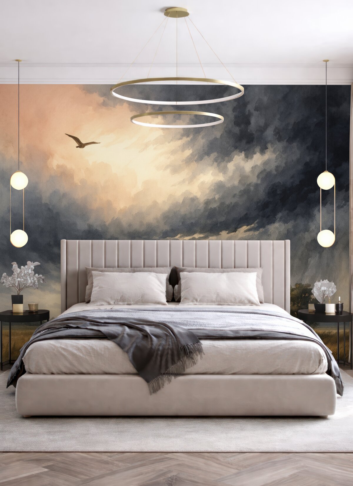 Fototapeta Burzowe niebo nad łąką imitacja farb wodnych.