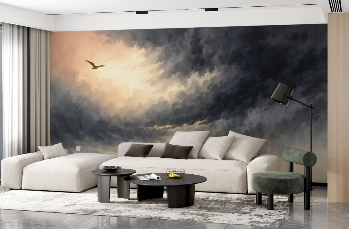 Fototapeta Burzowe niebo nad łąką imitacja farb wodnych.