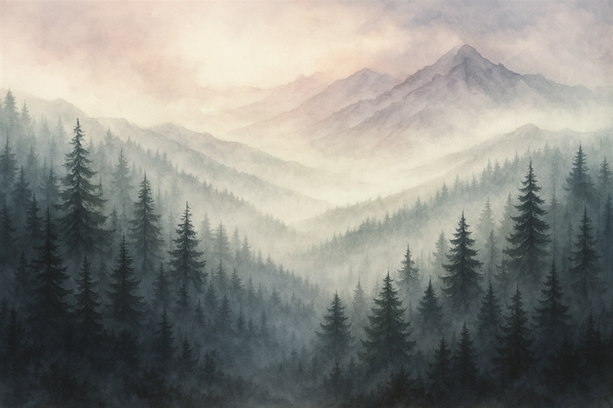 Fototapeta Postacie jodeł w lesie przypominają akwarelowe malunki.