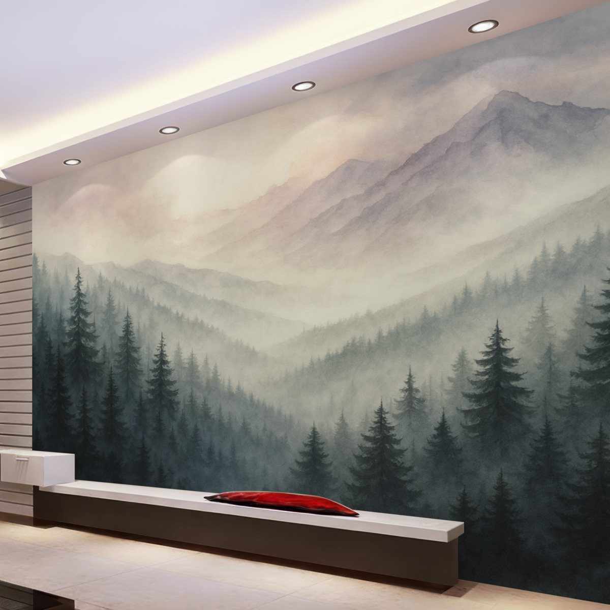 Fototapeta Postacie jodeł w lesie przypominają akwarelowe malunki.