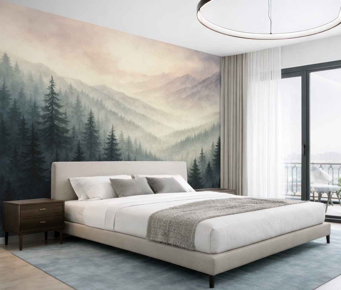 Fototapeta Postacie jodeł w lesie przypominają akwarelowe malunki.