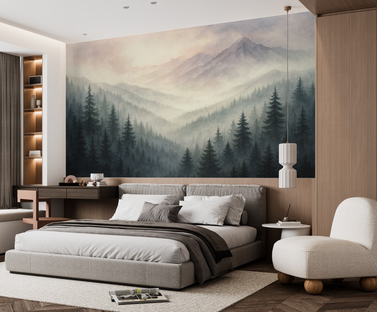 Fototapeta Postacie jodeł w lesie przypominają akwarelowe malunki.