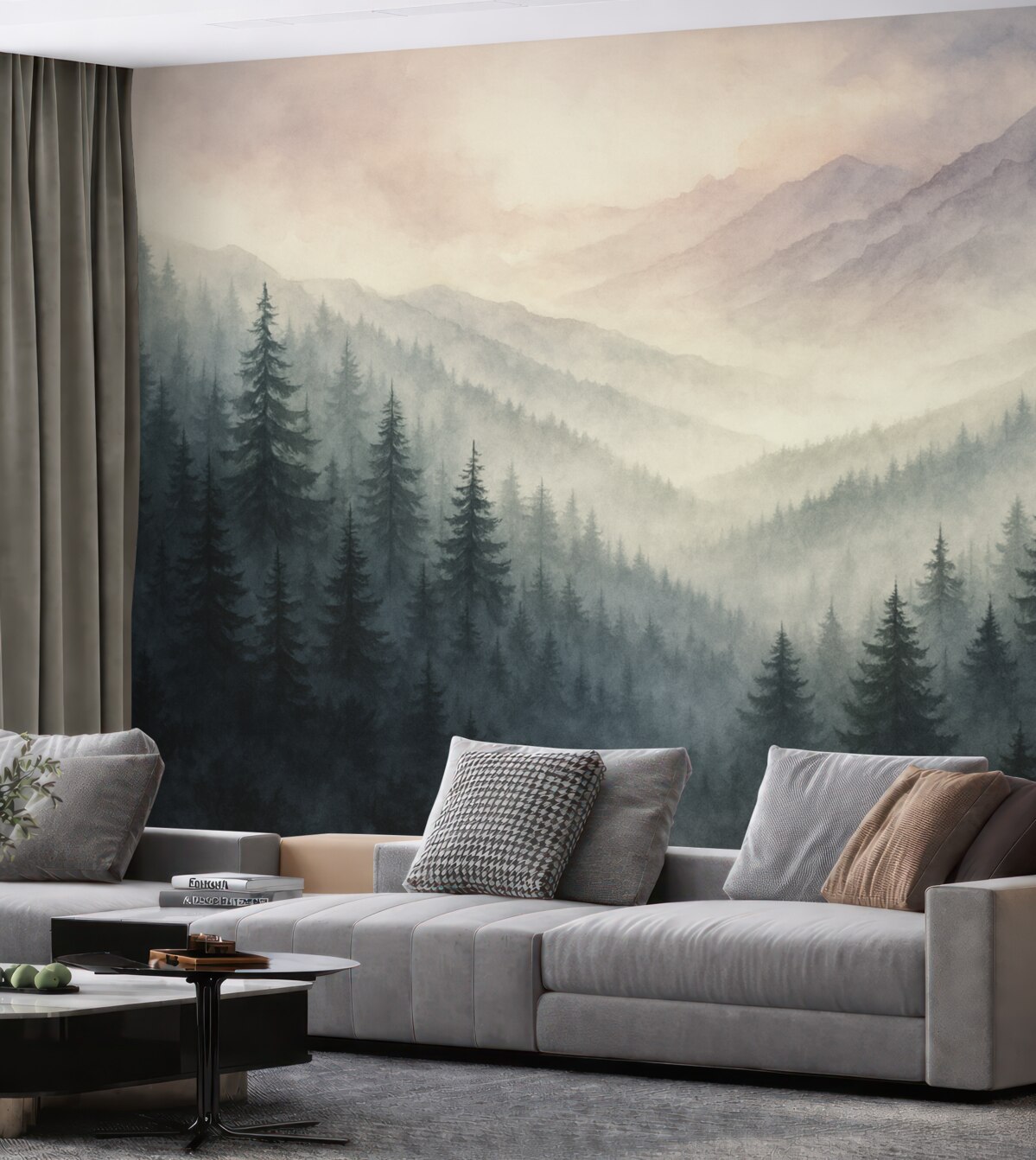 Fototapeta Postacie jodeł w lesie przypominają akwarelowe malunki.