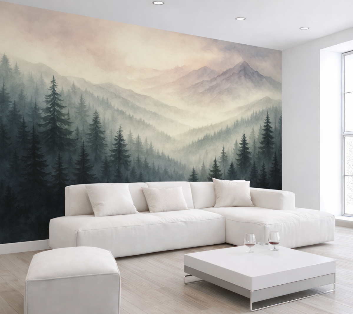 Fototapeta Postacie jodeł w lesie przypominają akwarelowe malunki.