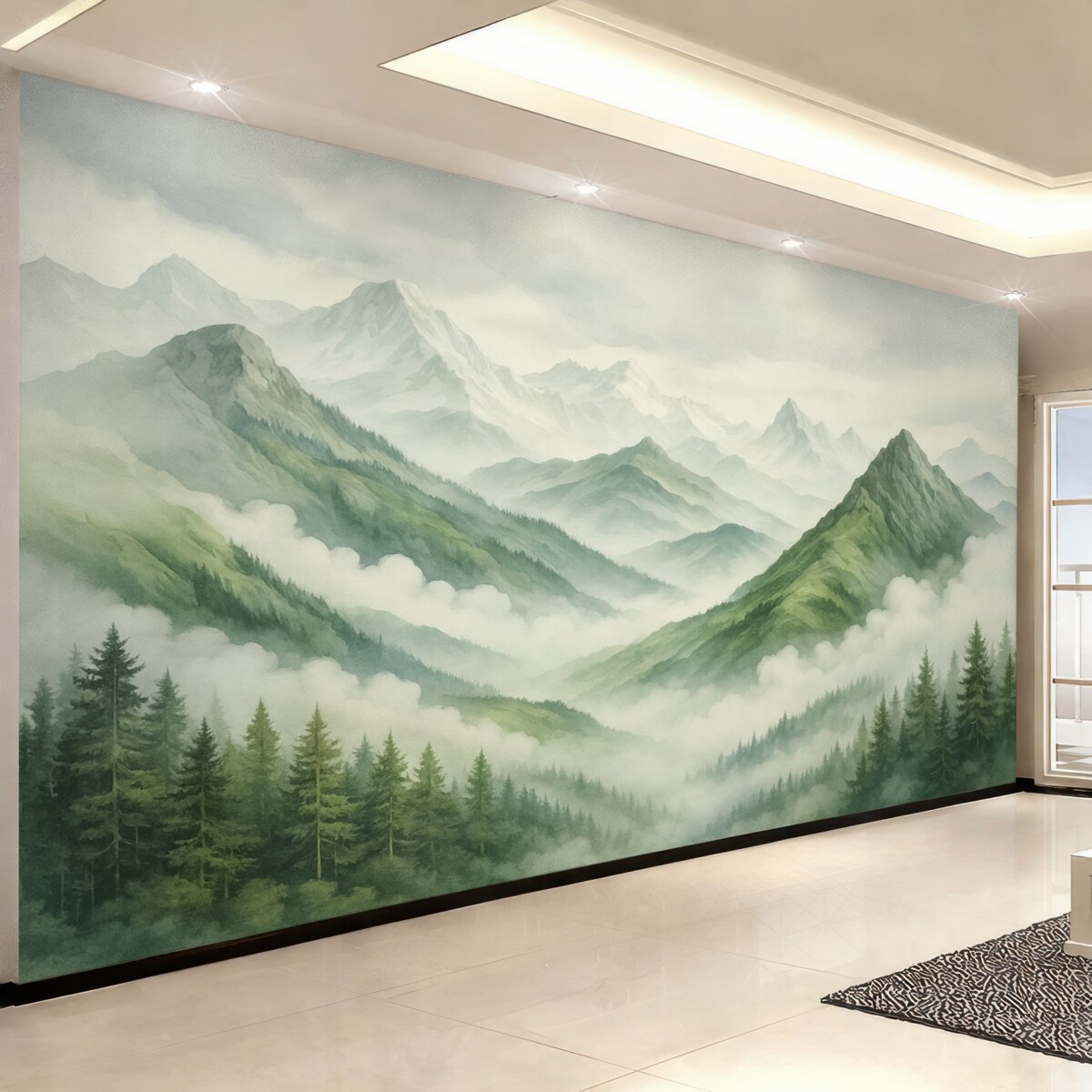 Fototapeta Las u stóp skalistych gór przypomina akwarelę.