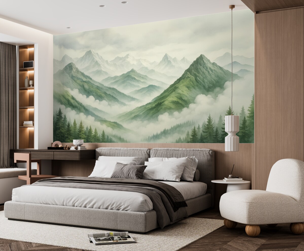 Fototapeta Las u stóp skalistych gór przypomina akwarelę.