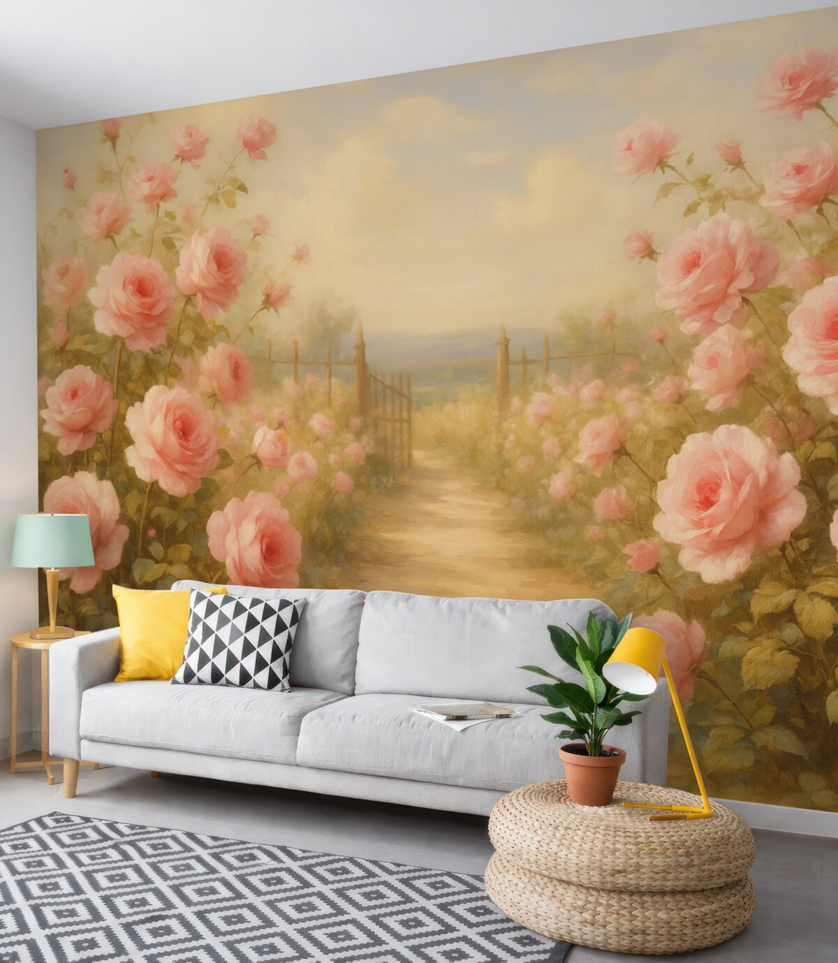 Fototapeta Ogród z różami naśladowujący pociągnięcia pędzla.