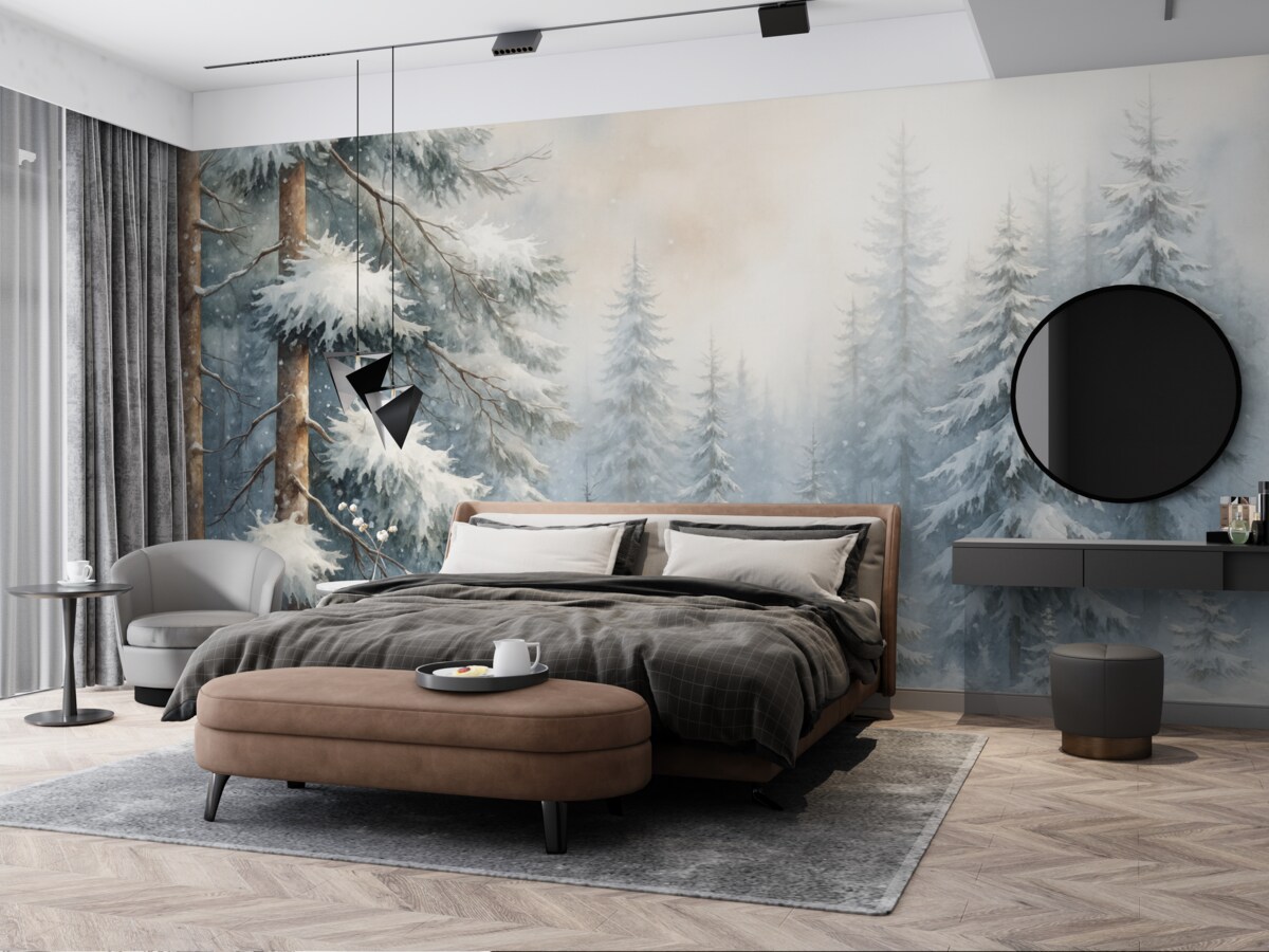 Fototapeta Śnieżny las w stylu akwareli.