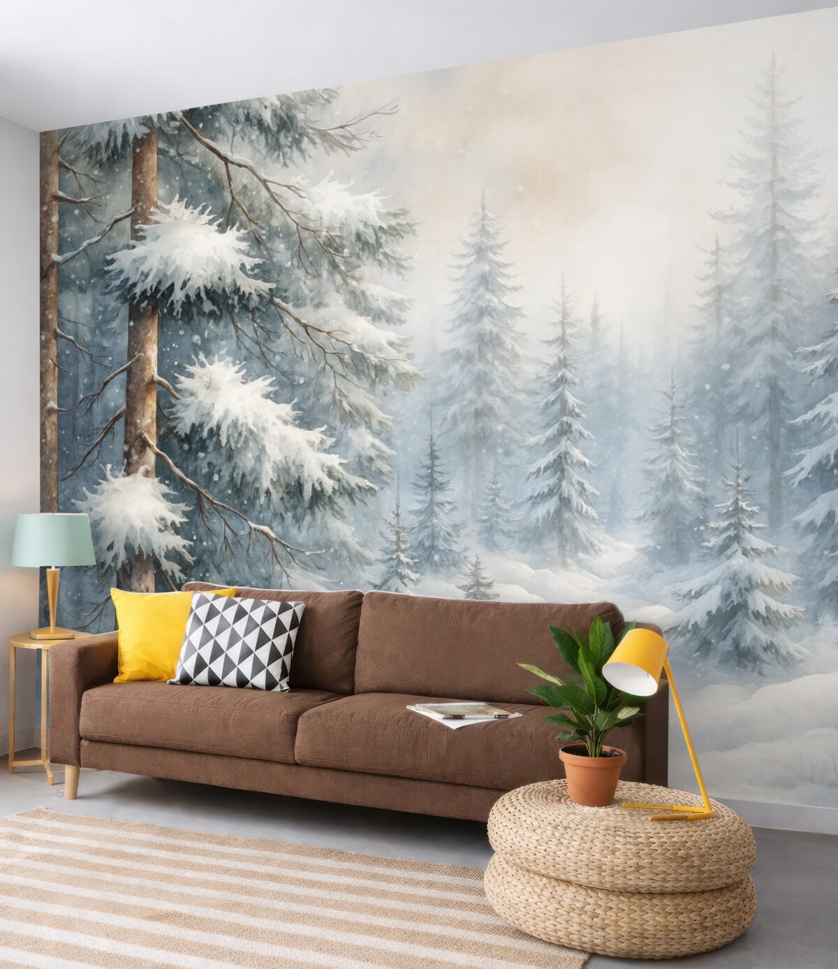 Fototapeta Śnieżny las w stylu akwareli.