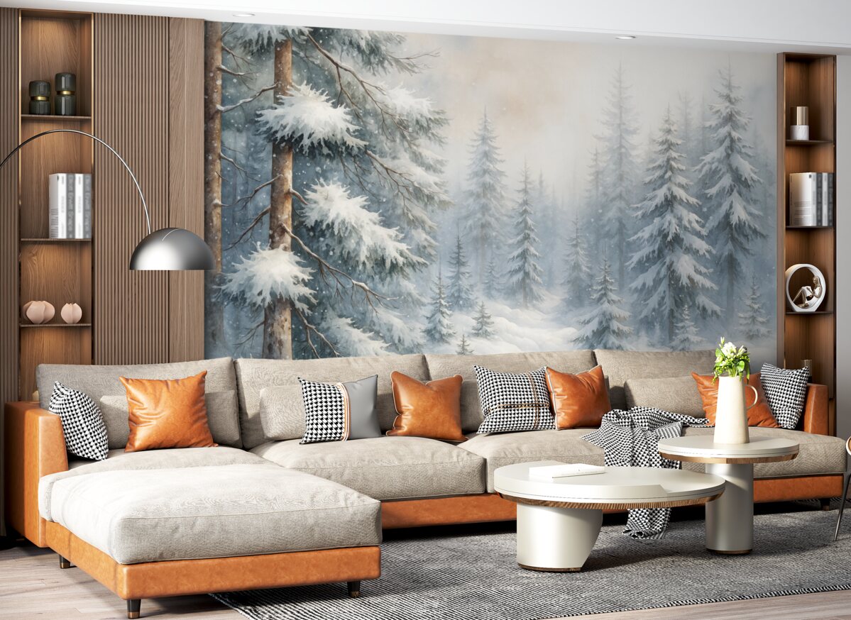 Fototapeta Śnieżny las w stylu akwareli.