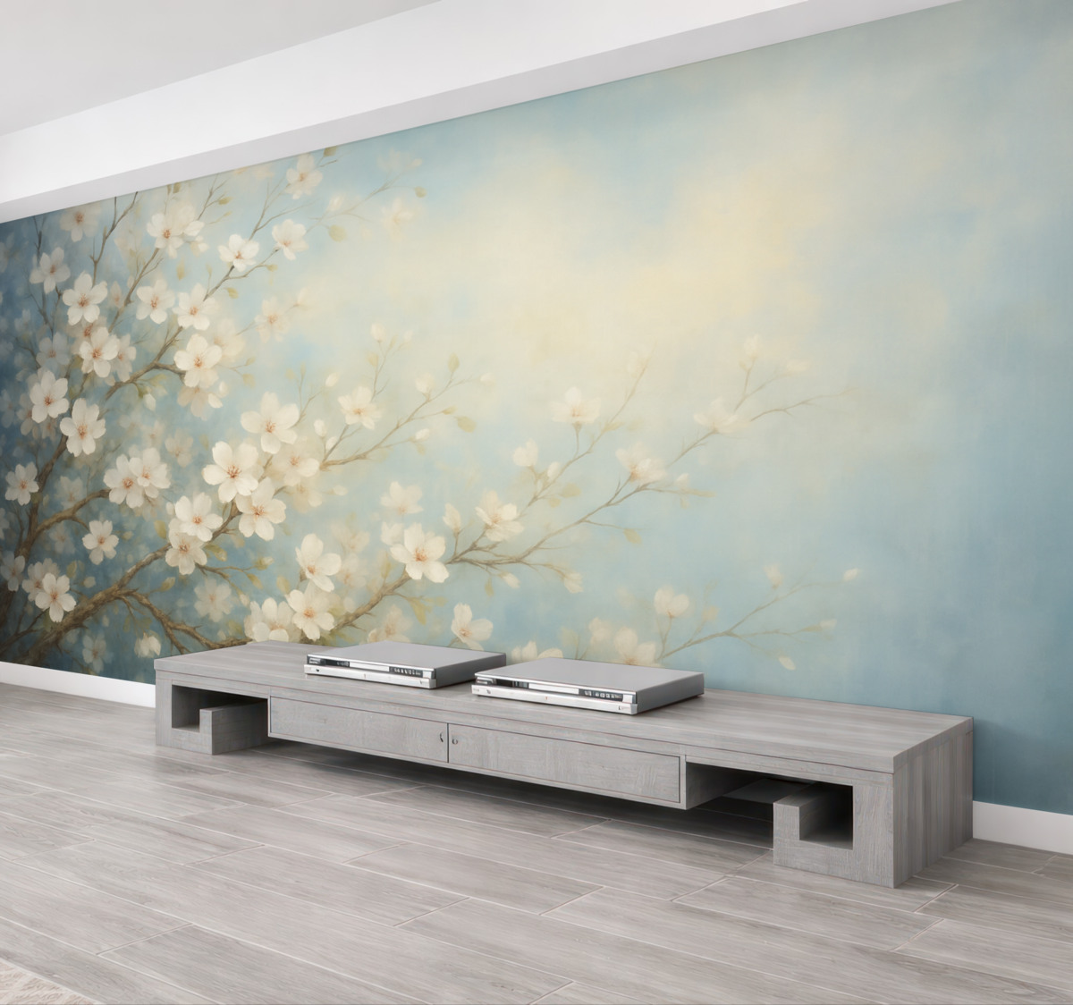 Fototapeta Gałązka z kwiatami, nawiązująca do malarstwa, tonacje bieli i błękitu.