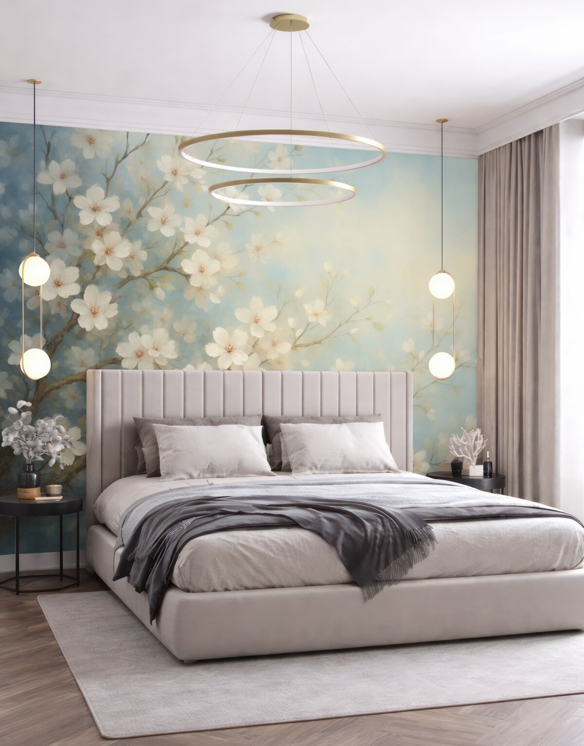 Fototapeta Gałązka z kwiatami, nawiązująca do malarstwa, tonacje bieli i błękitu.