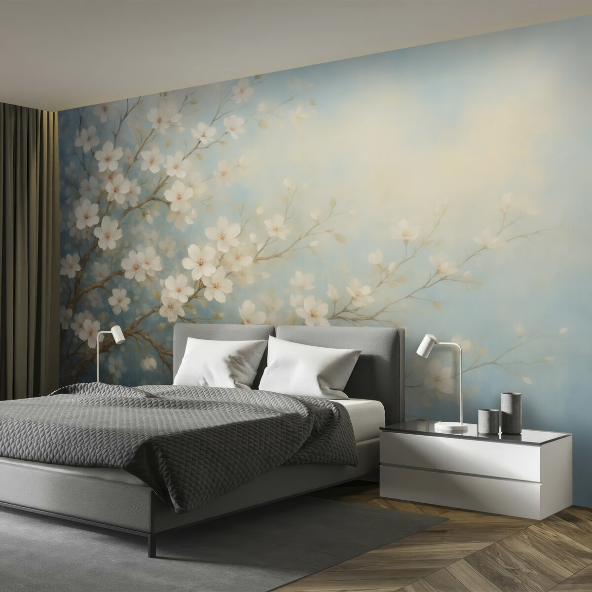 Fototapeta Gałązka z kwiatami, nawiązująca do malarstwa, tonacje bieli i błękitu.