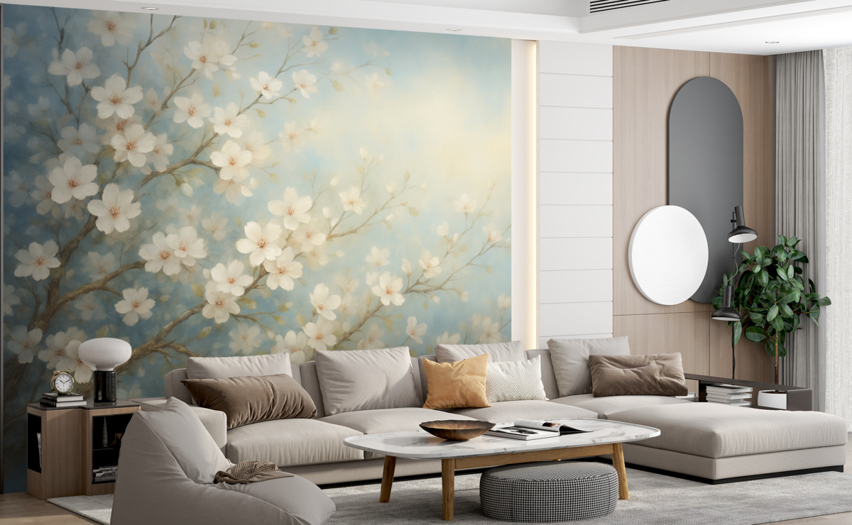 Fototapeta Gałązka z kwiatami, nawiązująca do malarstwa, tonacje bieli i błękitu.