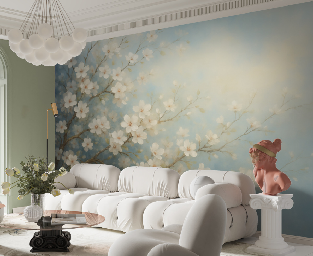 Fototapeta Gałązka z kwiatami, nawiązująca do malarstwa, tonacje bieli i błękitu.