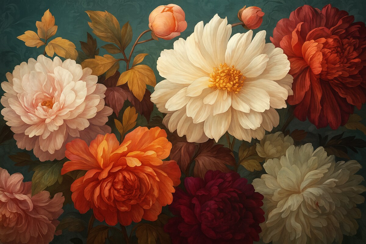 Fototapeta Wielkie kwiaty w różnych odcieniach, chryzantema, peonia.