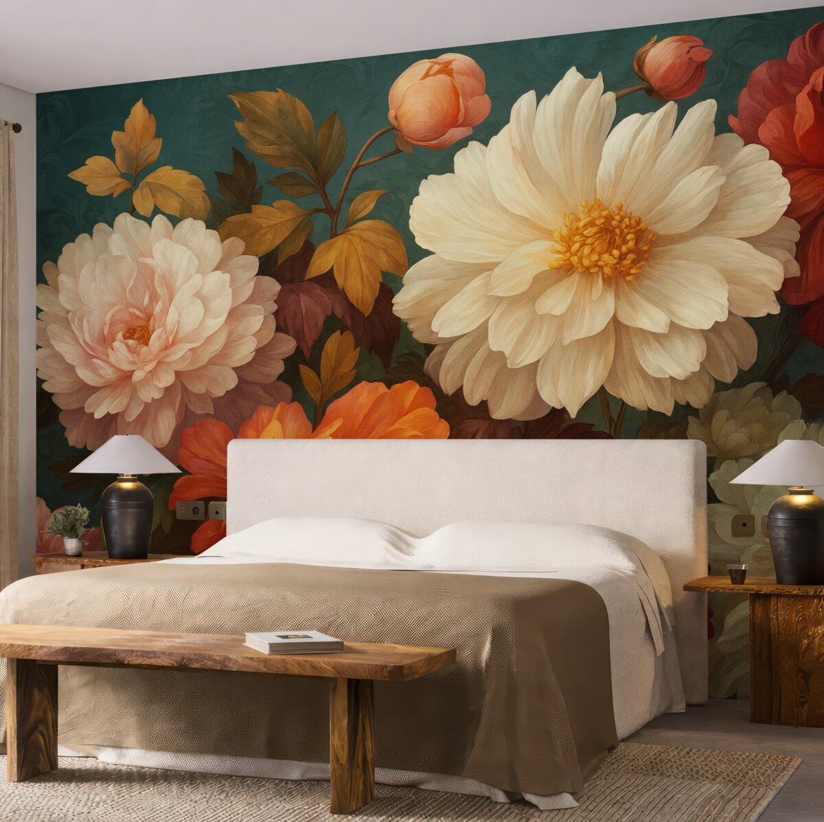 Fototapeta Wielkie kwiaty w różnych odcieniach, chryzantema, peonia.