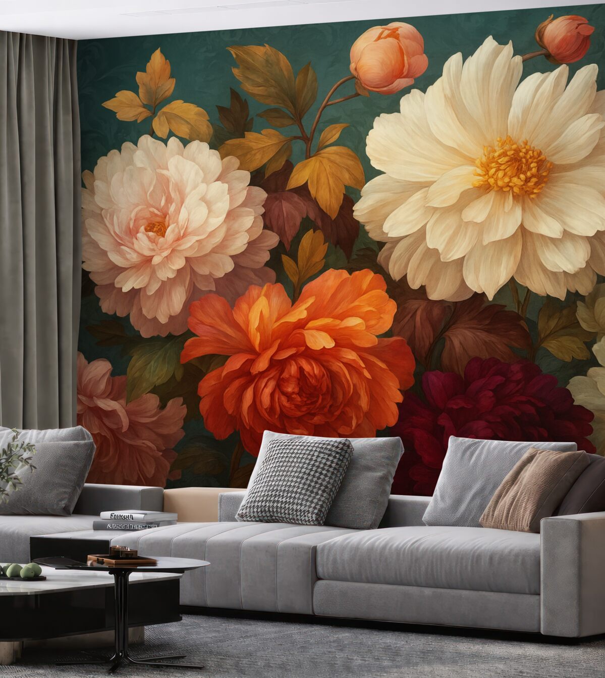 Fototapeta Wielkie kwiaty w różnych odcieniach, chryzantema, peonia.