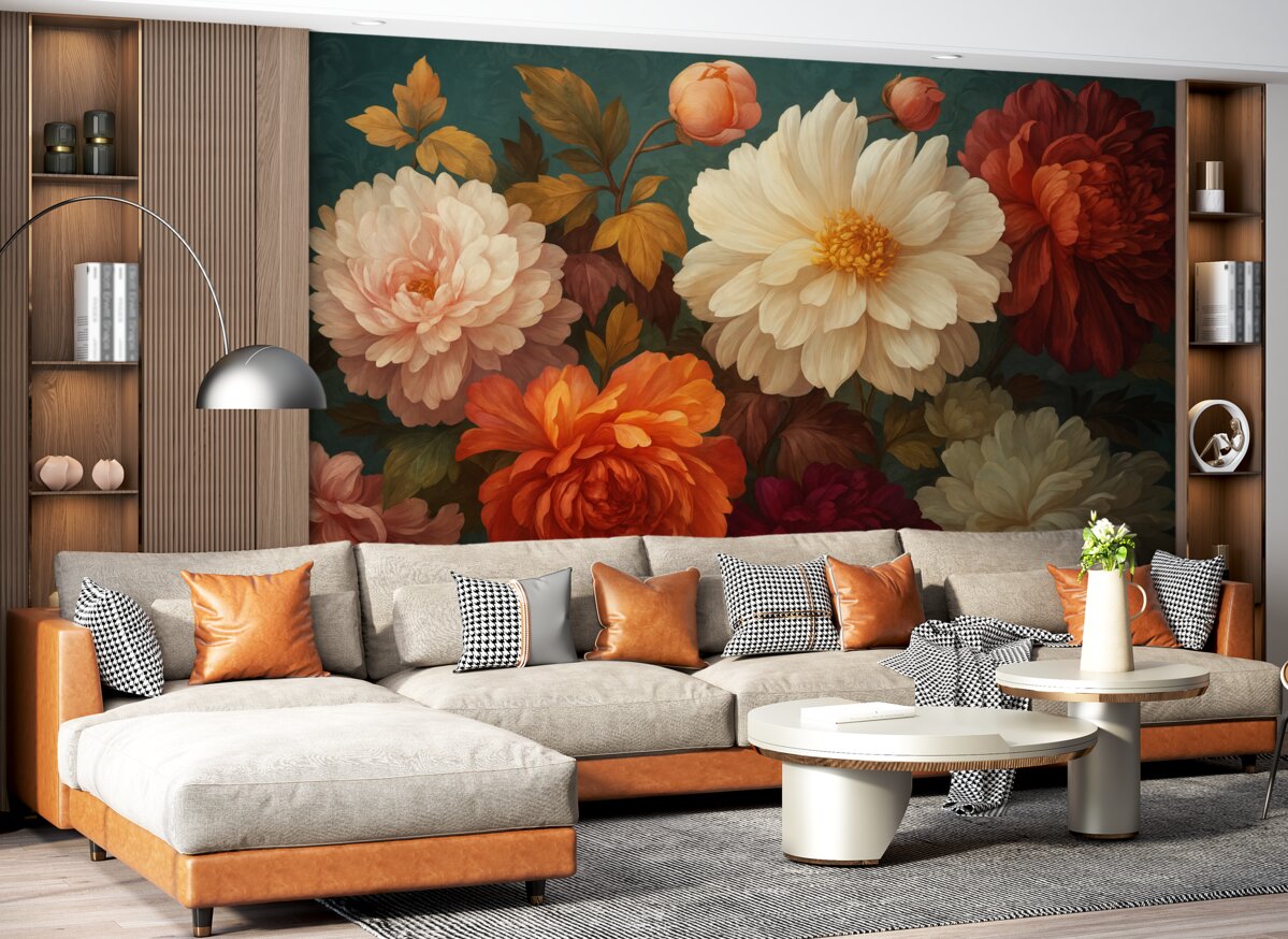 Fototapeta Wielkie kwiaty w różnych odcieniach, chryzantema, peonia.