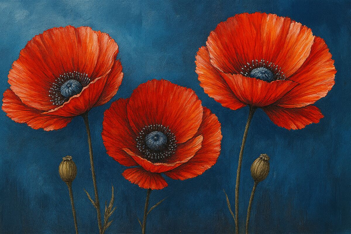 Fototapeta Pomalowane rubinowe maki na błękitnej betonowej ścianie.