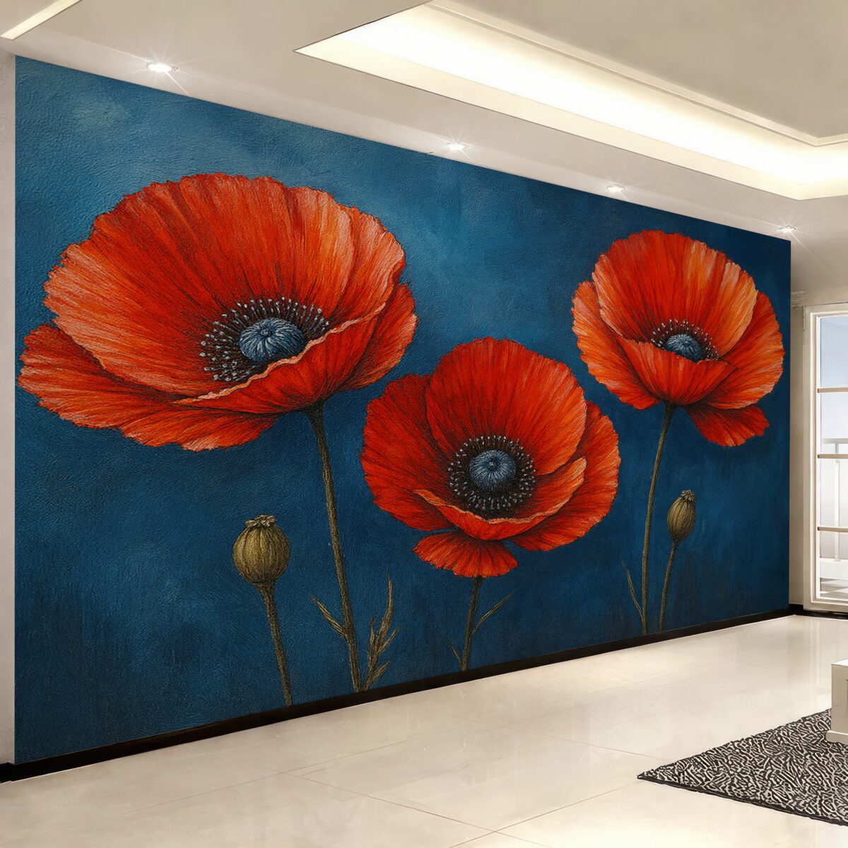 Fototapeta Pomalowane rubinowe maki na błękitnej betonowej ścianie.