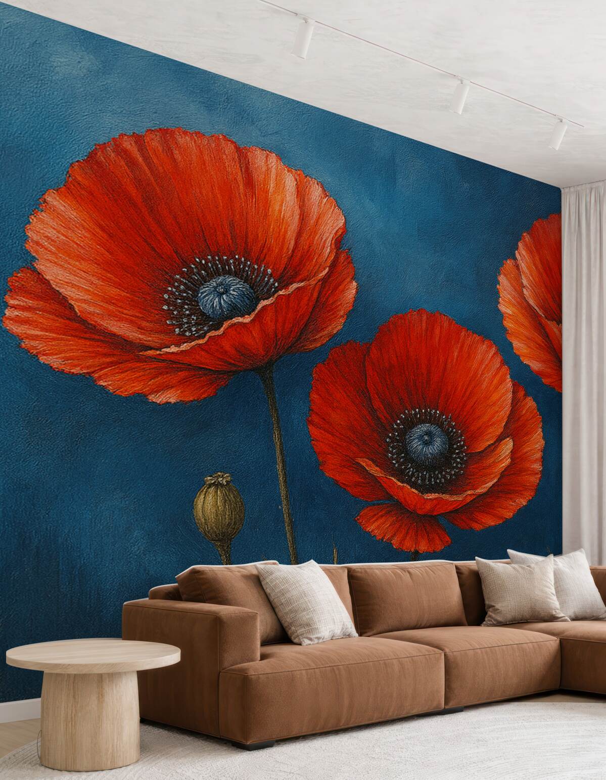 Fototapeta Pomalowane rubinowe maki na błękitnej betonowej ścianie.