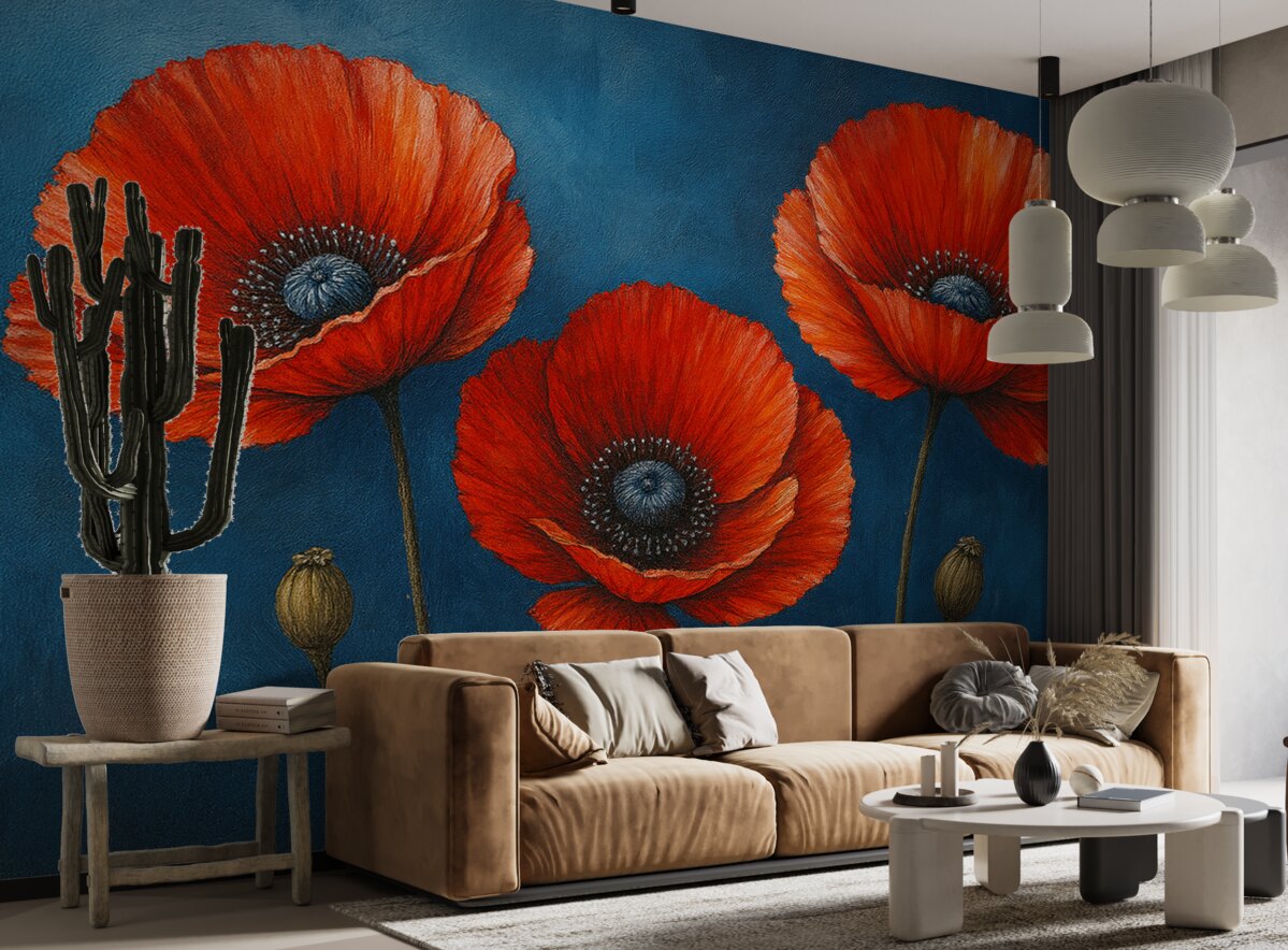 Fototapeta Pomalowane rubinowe maki na błękitnej betonowej ścianie.