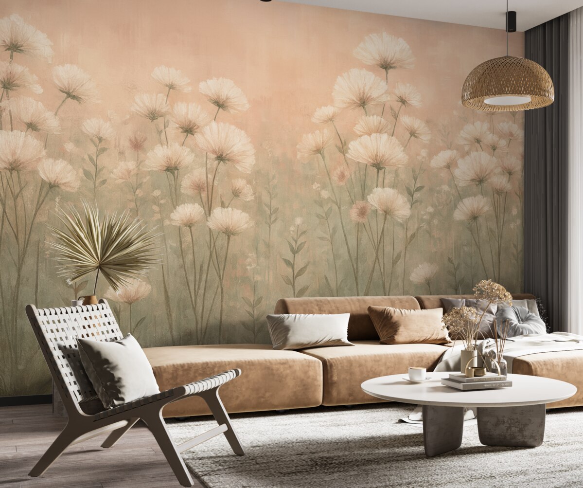 Fototapeta Subtelne łąkowe kwiaty z efektem malarskiego pociągnięcia w odcieniach różu.