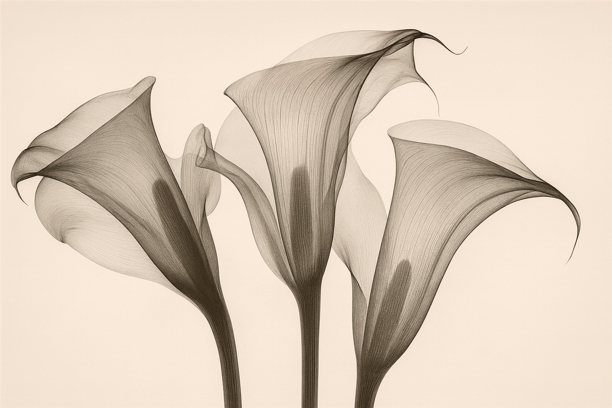 Fototapeta Eteryczne, przejrzyste kwiaty zantedeschia w tonacjach beżowych.