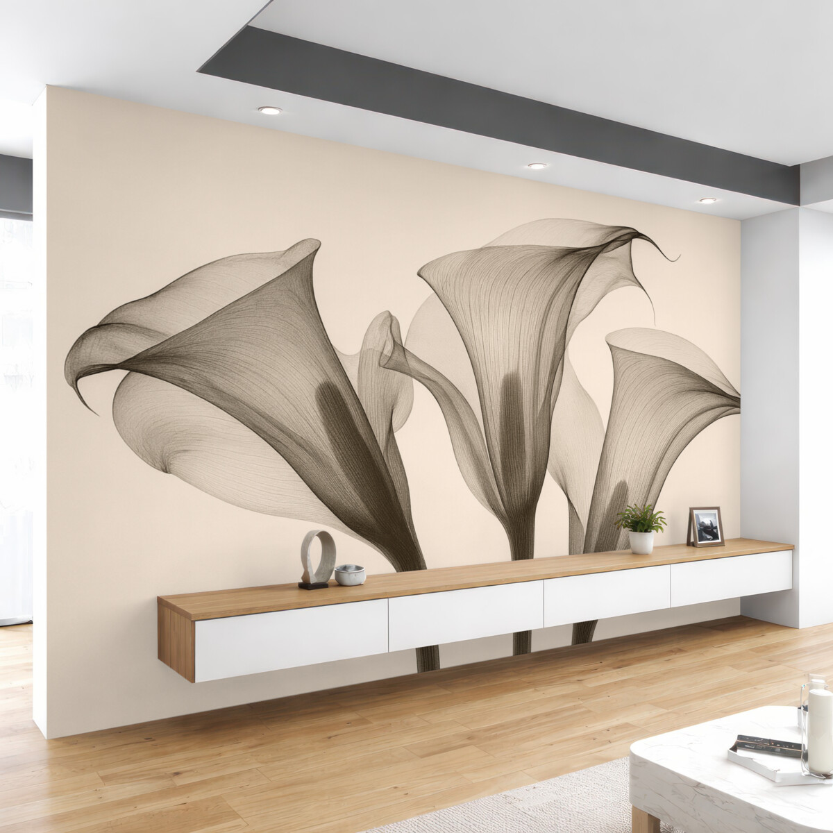 Fototapeta Eteryczne, przejrzyste kwiaty zantedeschia w tonacjach beżowych.