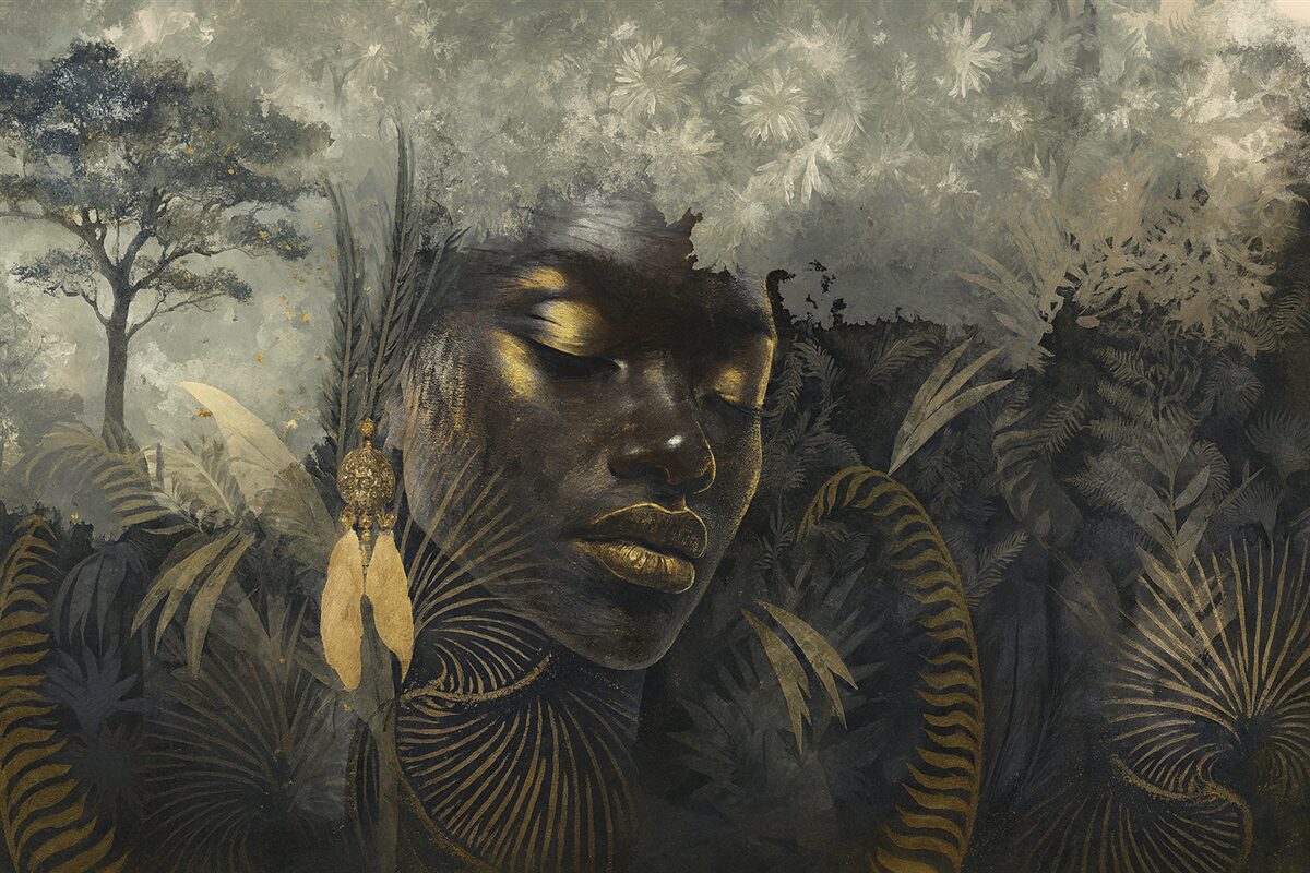 Fototapeta Czarująca Afryka z tropikalnym lasem, kobiecymi oraz wektorowymi motywami.