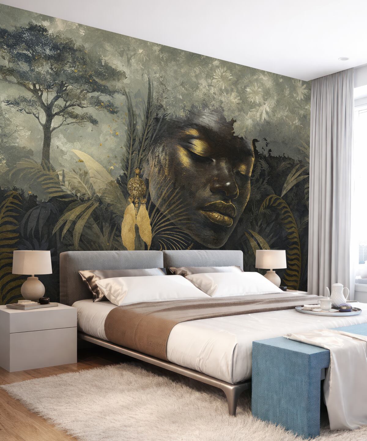 Fototapeta Czarująca Afryka z tropikalnym lasem, kobiecymi oraz wektorowymi motywami.