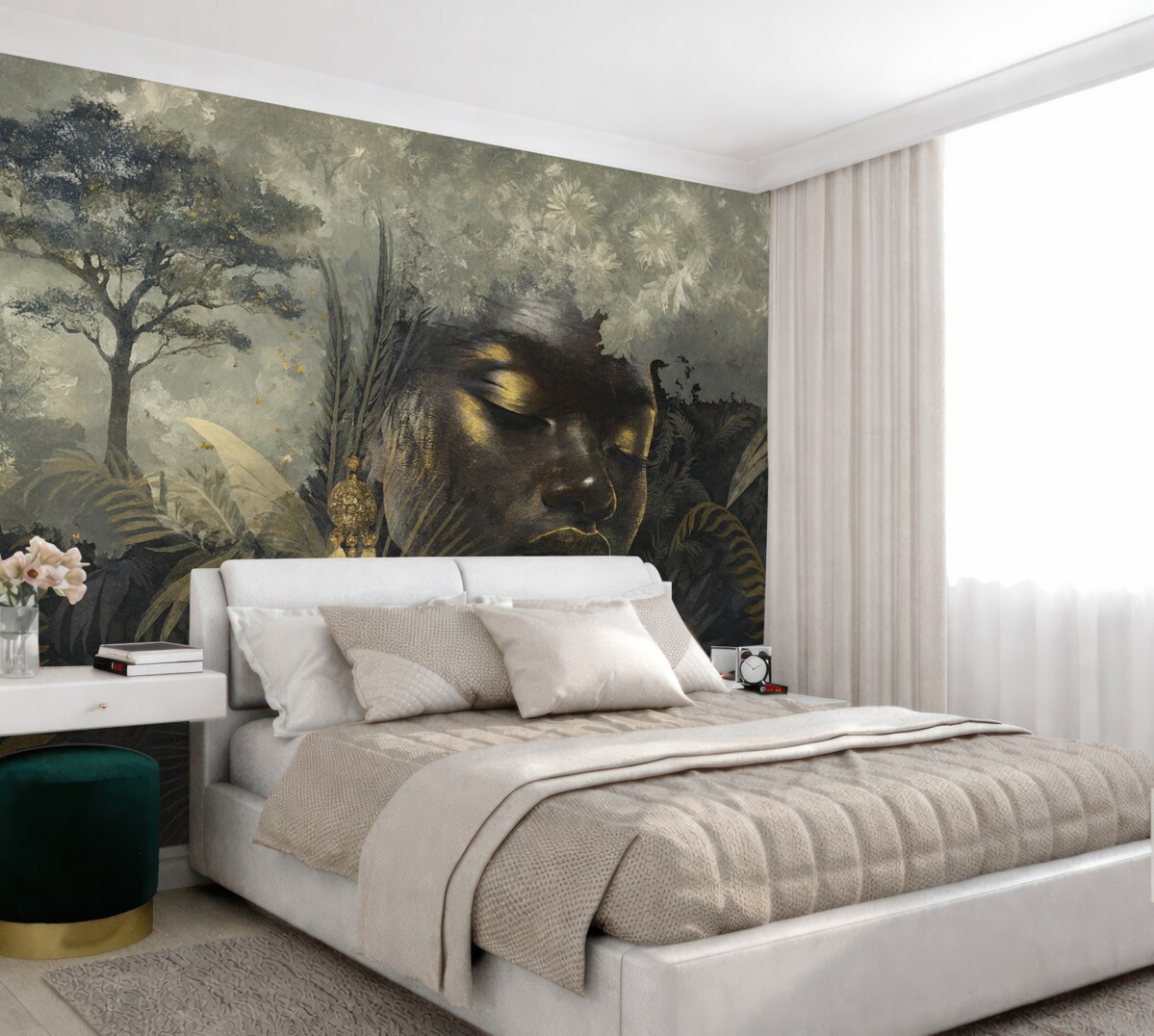 Fototapeta Czarująca Afryka z tropikalnym lasem, kobiecymi oraz wektorowymi motywami.