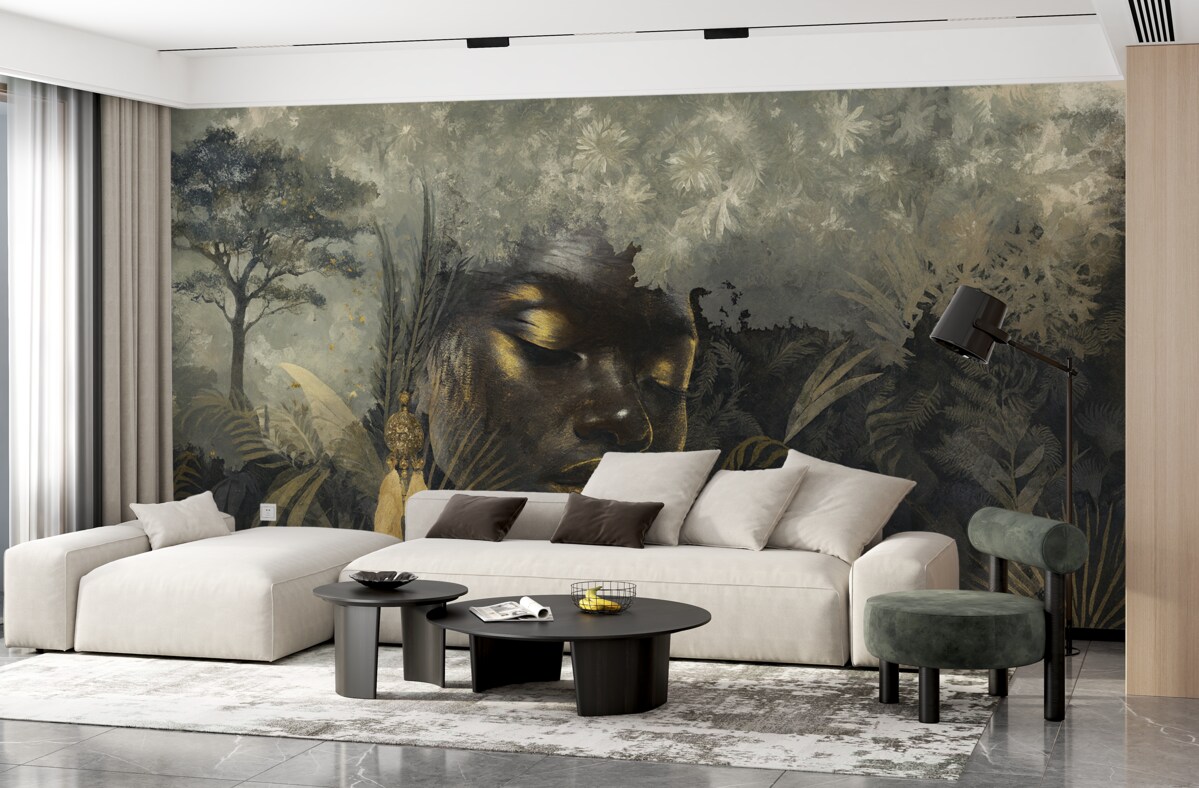 Fototapeta Czarująca Afryka z tropikalnym lasem, kobiecymi oraz wektorowymi motywami.