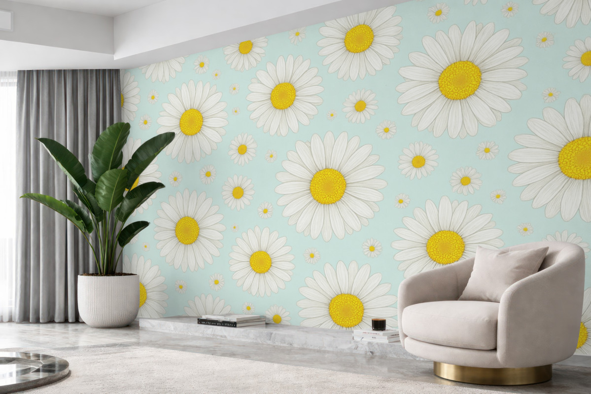 Fototapeta Białe stokrotki na błękitnym tle.