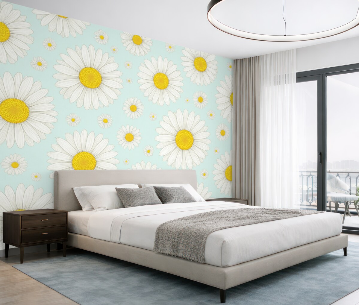 Fototapeta Białe stokrotki na błękitnym tle.