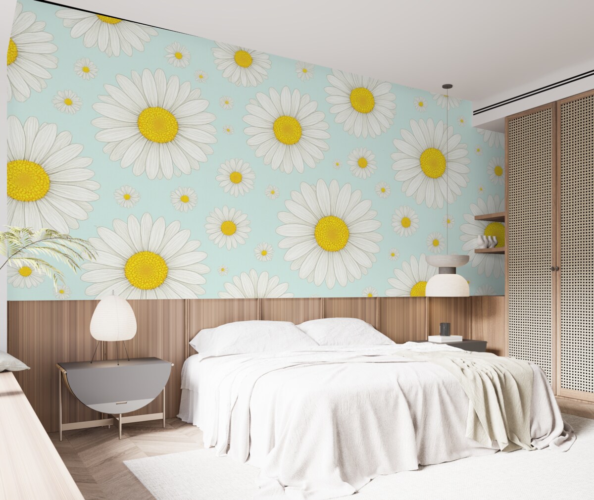 Fototapeta Białe stokrotki na błękitnym tle.