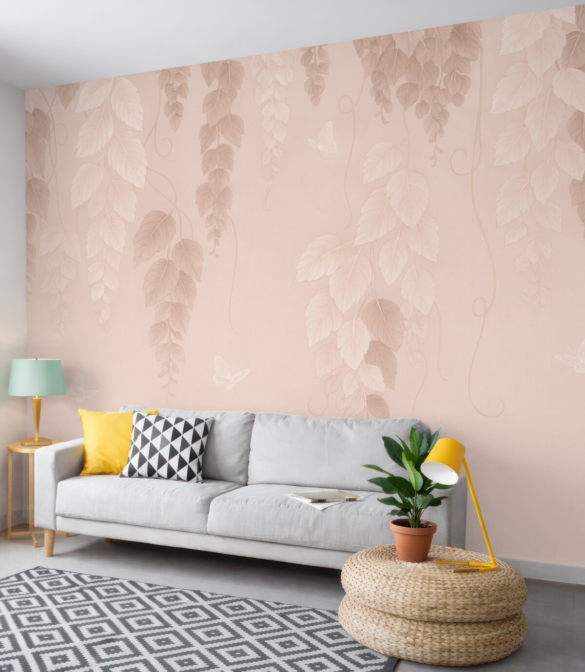 Fototapeta Zawieszone liście i różowe motyle.