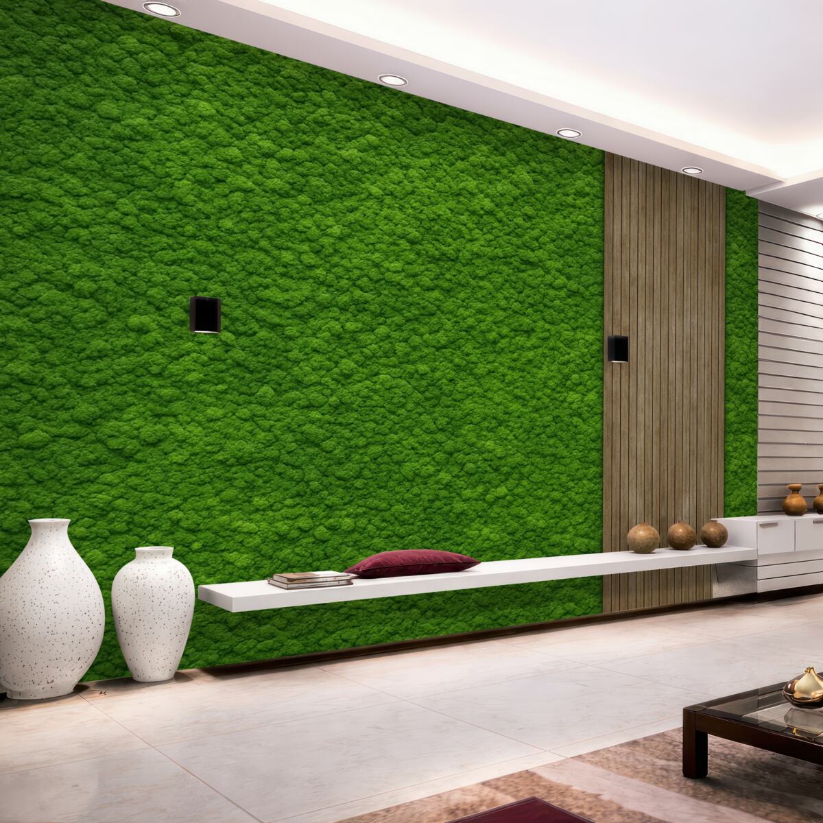 Fototapeta Ściana w stylistyce mchu z drewnianą płytą, intensywne zielone odcienie.