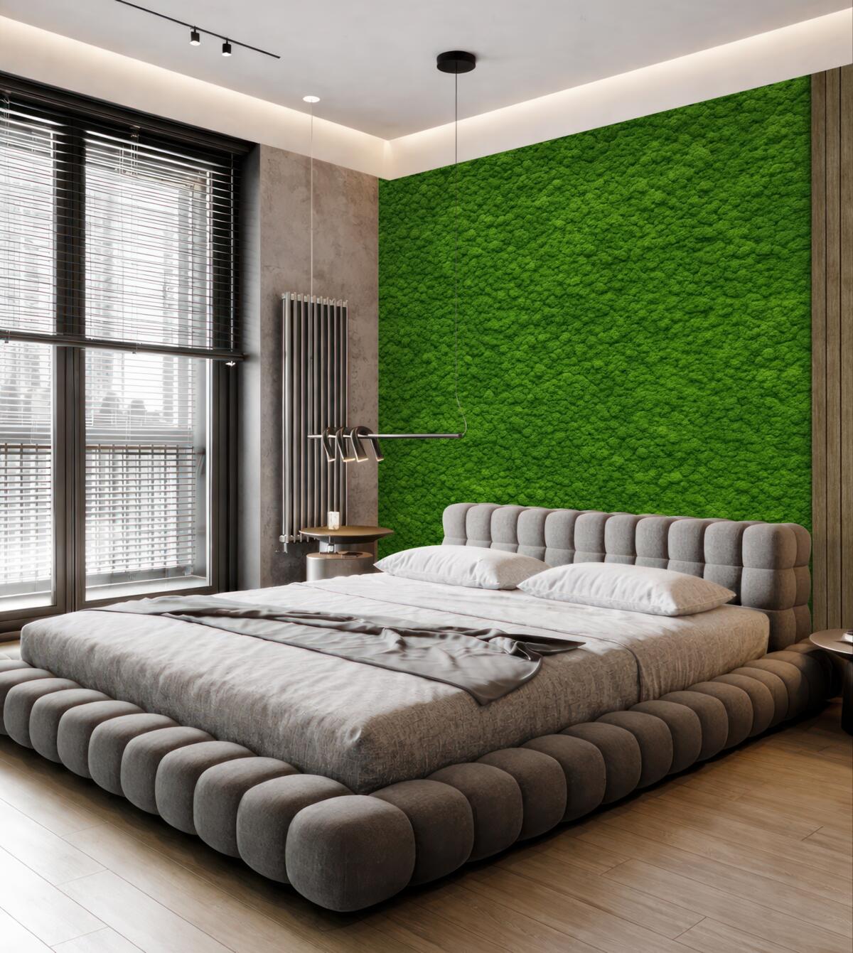 Fototapeta Ściana w stylistyce mchu z drewnianą płytą, intensywne zielone odcienie.