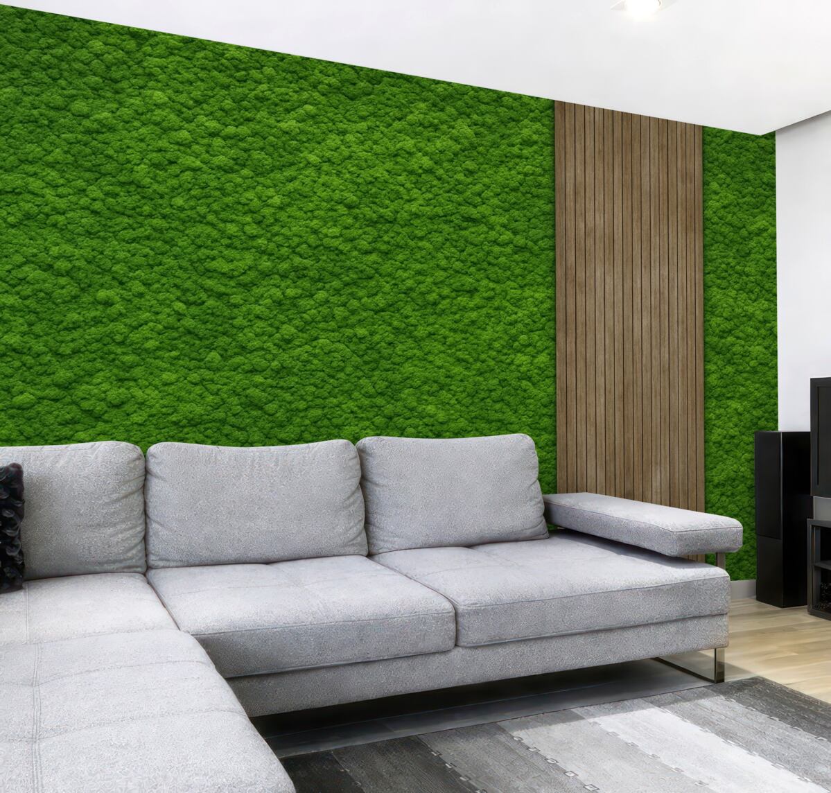 Fototapeta Ściana w stylistyce mchu z drewnianą płytą, intensywne zielone odcienie.