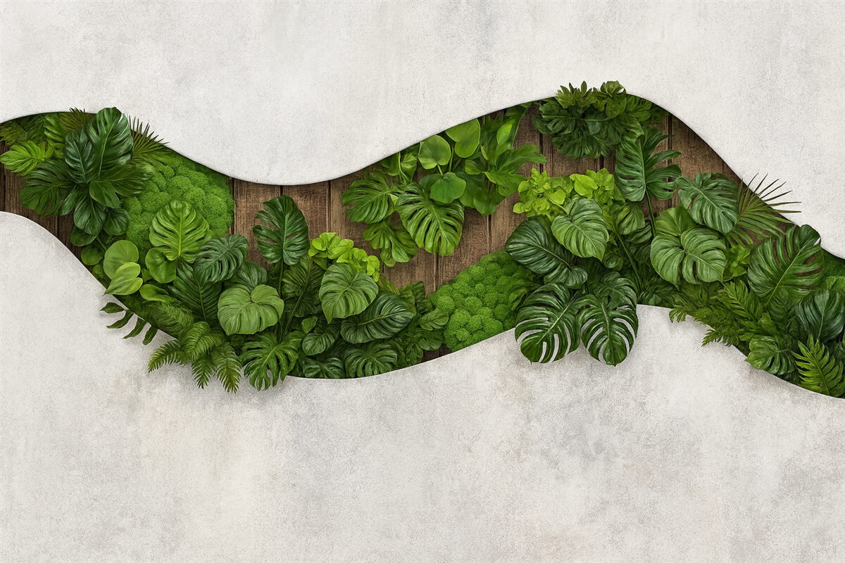 Fototapeta Dekoracja ścienna z roślinami, mchem, palmowymi liśćmi, drewniana podstawa.