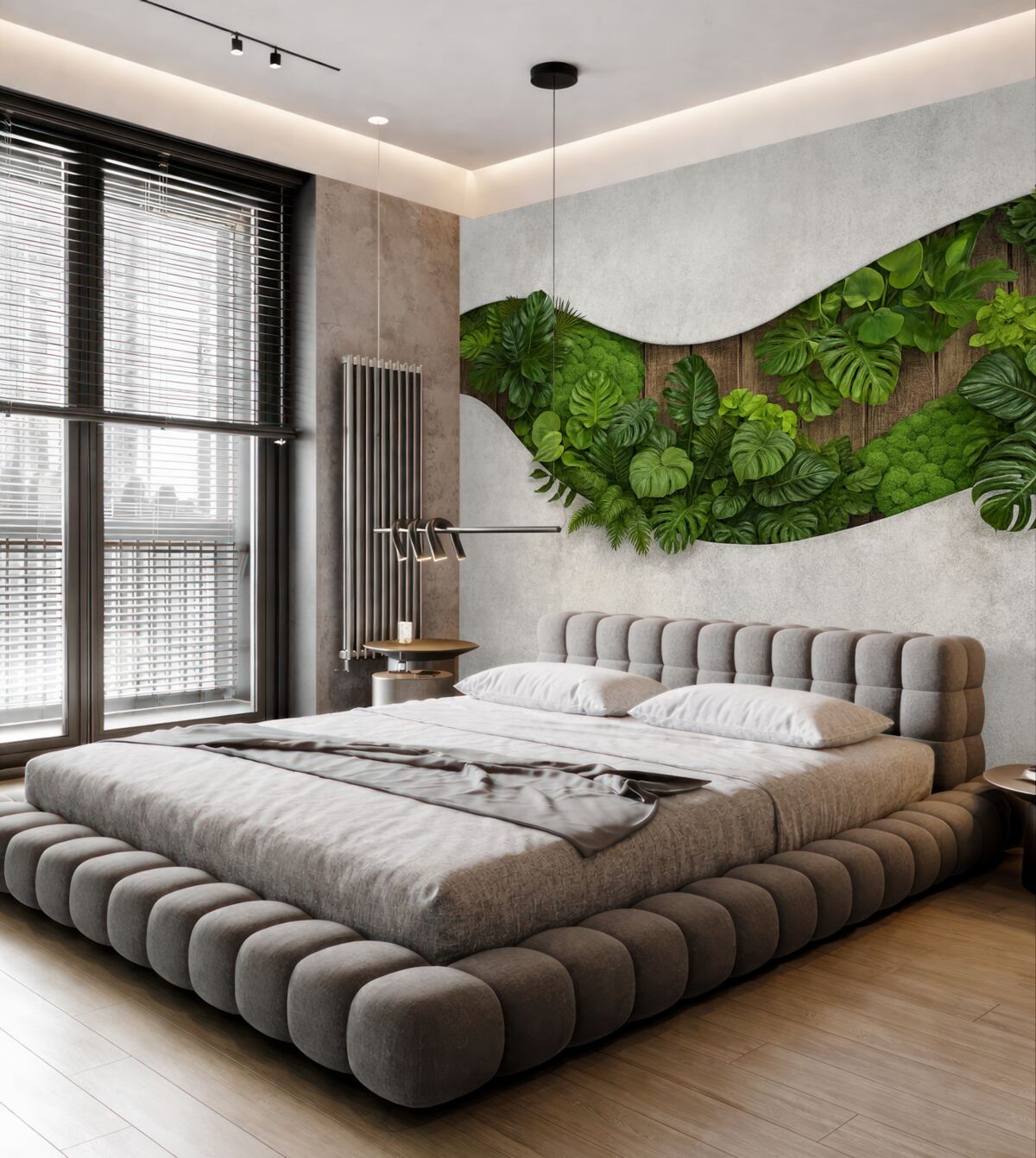 Fototapeta Dekoracja ścienna z roślinami, mchem, palmowymi liśćmi, drewniana podstawa.