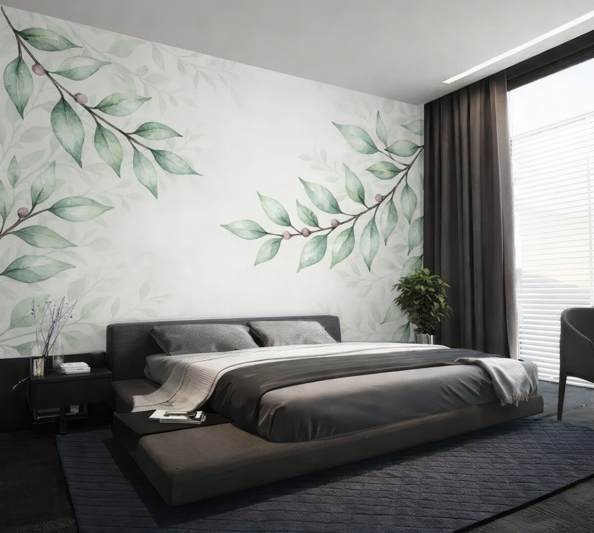 Fototapeta gałązki z zielonymi liśćmi na szarym tle