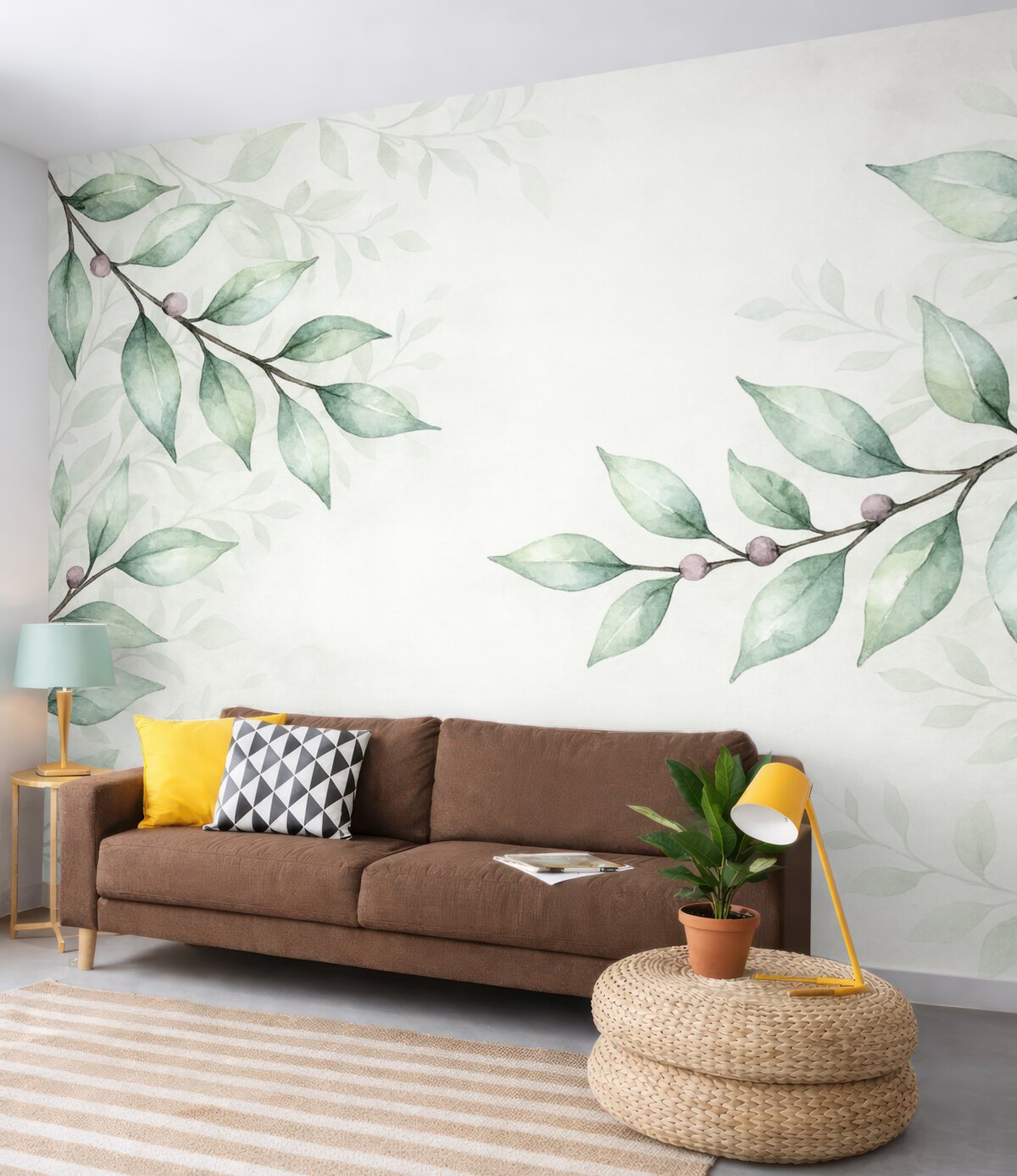 Fototapeta gałązki z zielonymi liśćmi na szarym tle