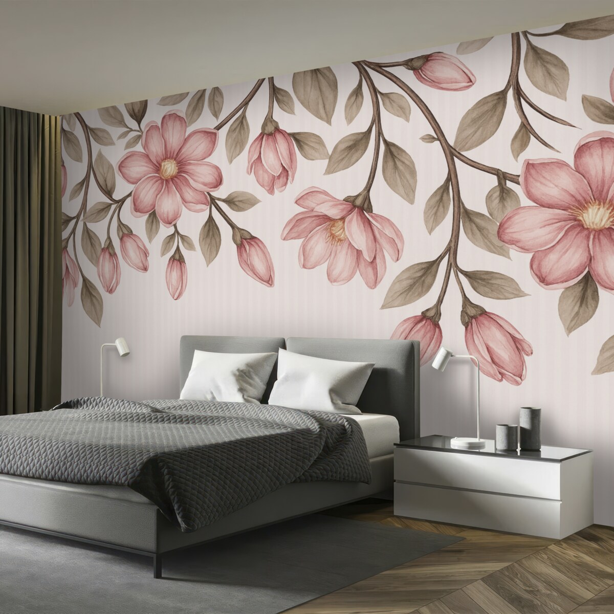 Fototapeta różowe kwiaty na tle w pasy