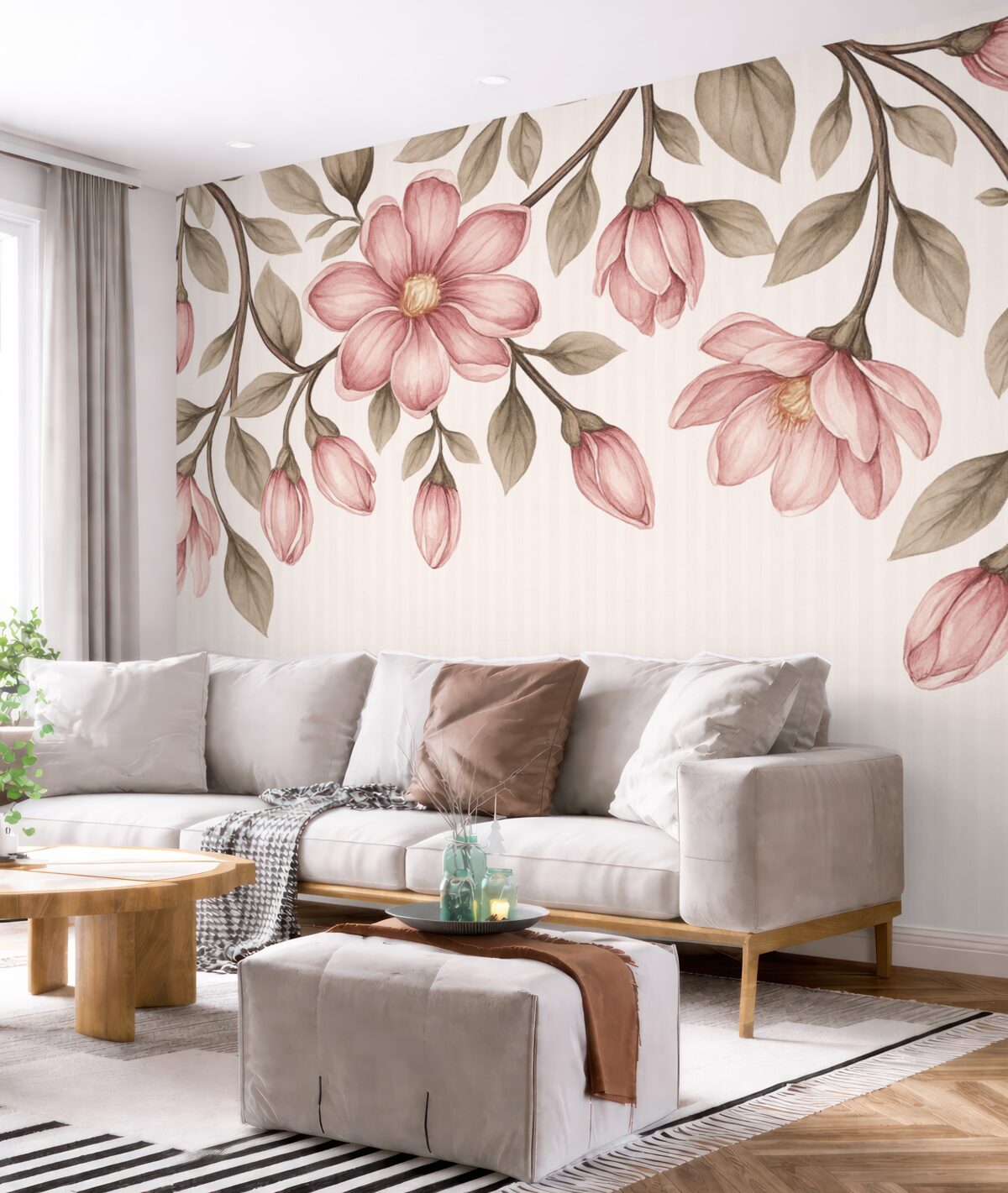 Fototapeta różowe kwiaty na tle w pasy